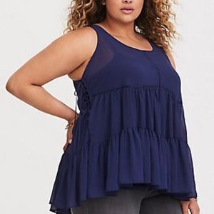 TORRID Navy Lace-up chiffon tank
